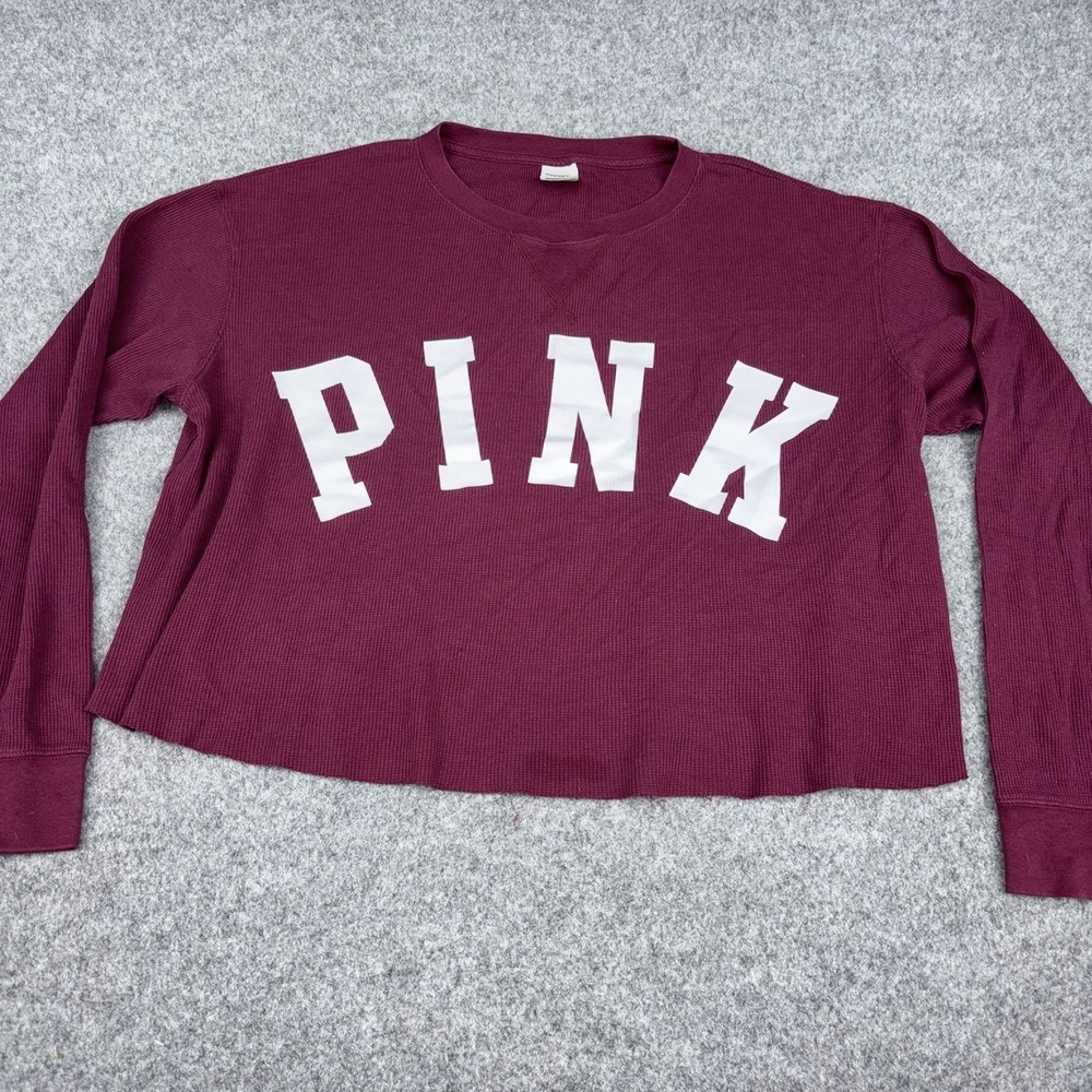 Pink Victorias Secret Thermal Shirt Women's Large Cropped Long Sleeve Waffle EUC